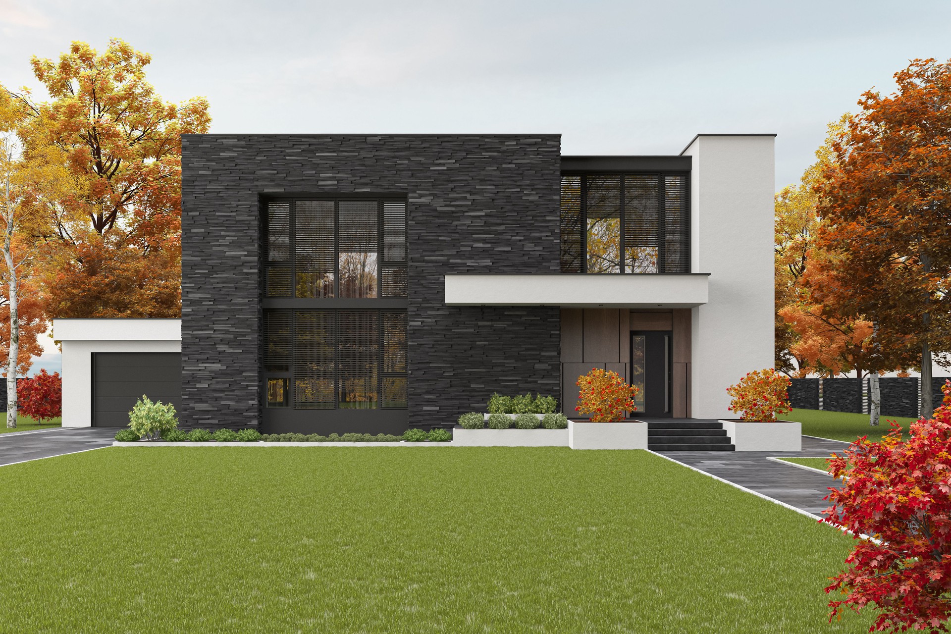 Modern Two-Story Villa with Black Slate Stone Facade and Spacious Yard in Autumn